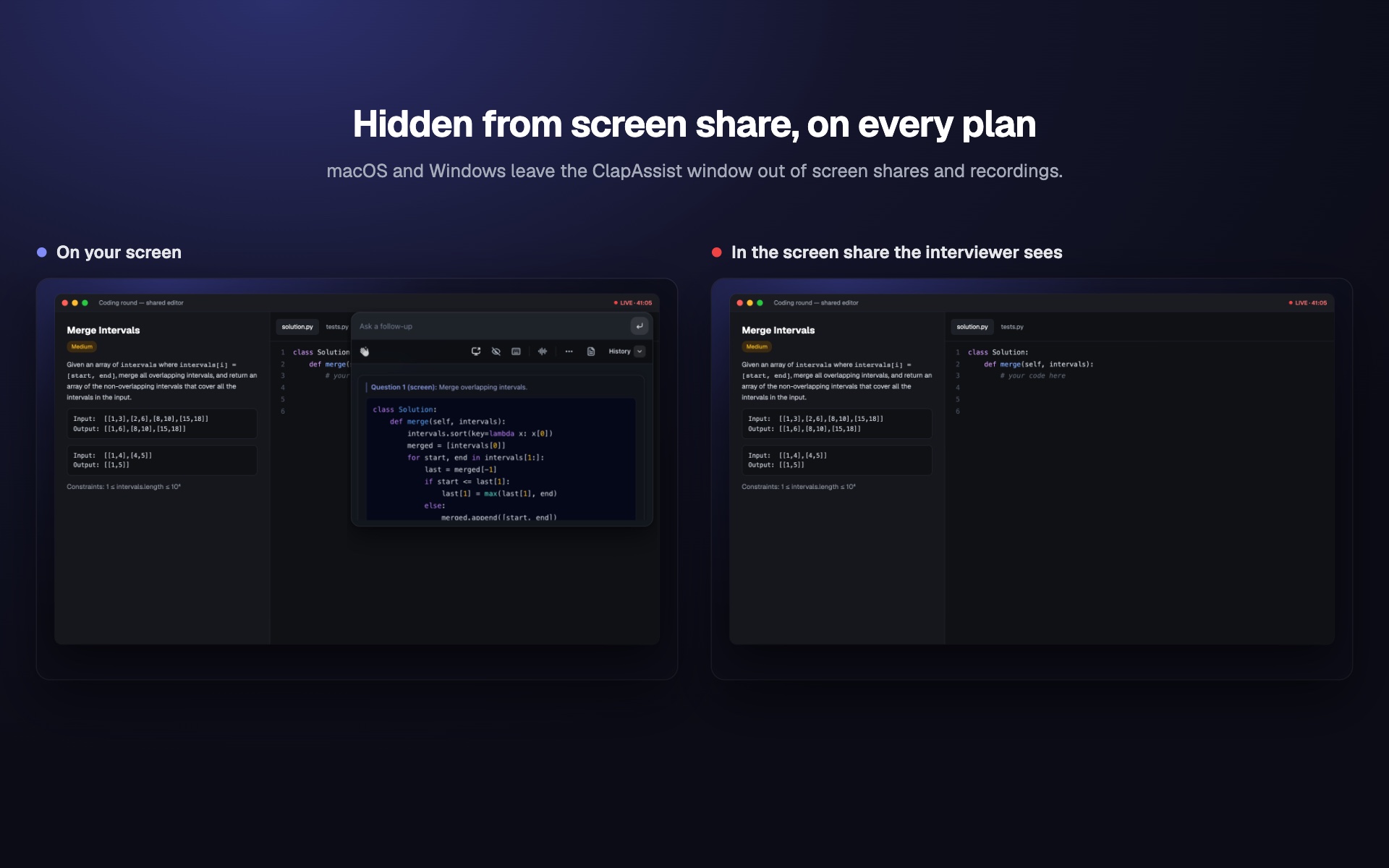 AI interview assistant hidden from screen share: your screen next to what the interviewer sees