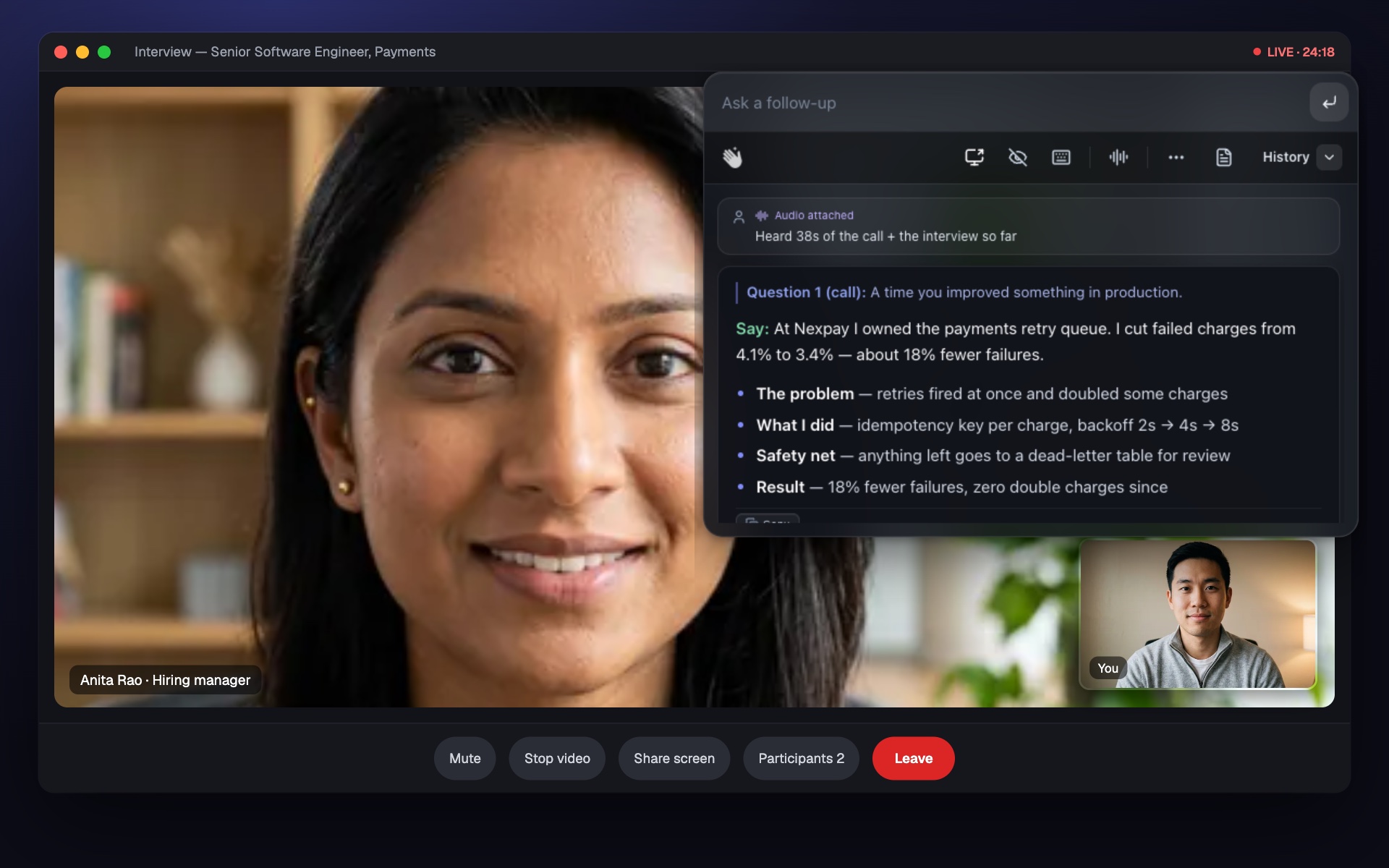 Real-time AI interview assistant showing an answer from the resume during a live video interview