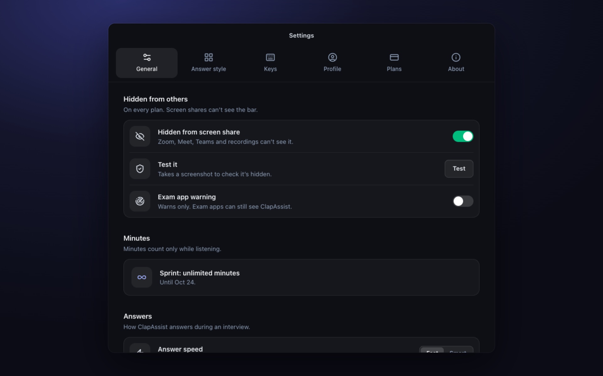 AI interview assistant settings: hidden from screen share on, test button and exam app warning